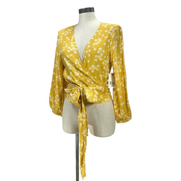 BILLABONG Love Wrapped Crop Top Sz L Yellow Floral Peasant Long Sleeve Tie Waist - Picture 4 of 14